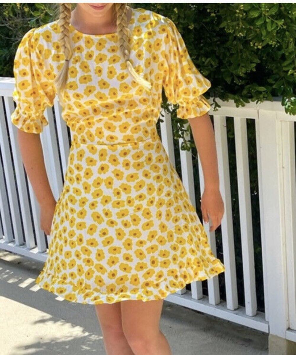 Faithfull the Brand Mini Dress Mini Ruffle Yellow Marigold Floral NWT size Small